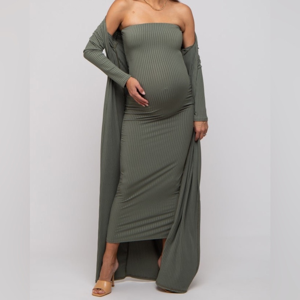 Pinkblush Olive Green Maternity Dress and Cardigan Set - Ribbed Strapless